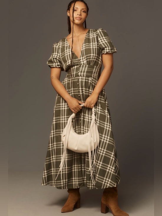 Anthropologie Dresses & Skirts - Anthropologie Katerina Button-Front Plaid Puff-Sleeve Midi Dress L - 100% Cotton